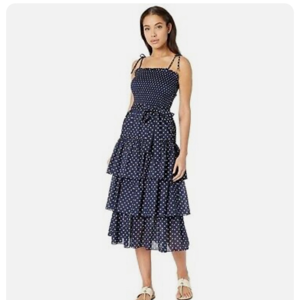 Tory Burch Printed Ruffle Midi Dress Polka Dot Navy Blue White